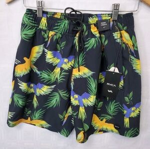 RVCA Mens Small Board Shorts Swimtrunks 17" Length Parrot Print Elastic MSRP 78